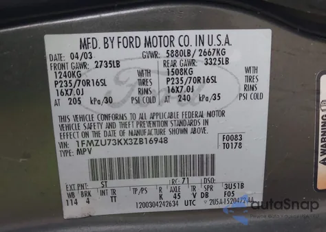 2003 Ford Explorer Nbx/Xlt из США, поврежденный, VIN 1FMZU73KX3ZB16948